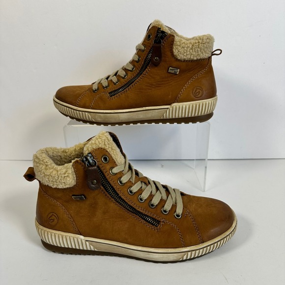 Remonte Tan Leather Ankle Lace Up Boots Faux Shearling Waterproof Zip Winter - Picture 2 of 11